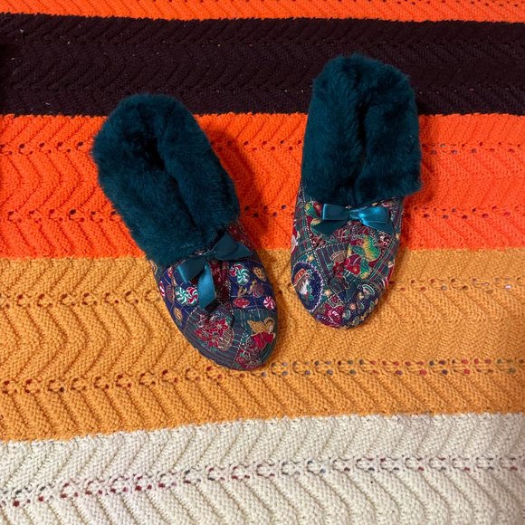Christmas In the box 80s Sears green fur“Chintz” slipper boots with a nostalgic - Picture 10 of 13